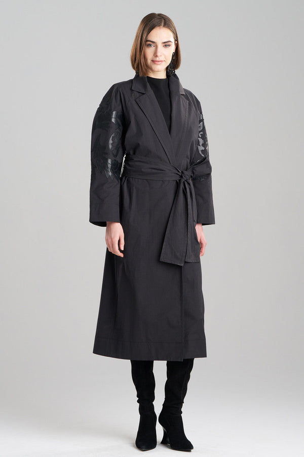 Natori Tech Cotton Taffeta Embroidered Trench Coat Black