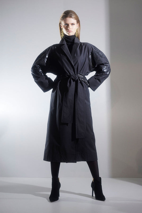 Natori Tech Cotton Taffeta Embroidered Trench Coat Black