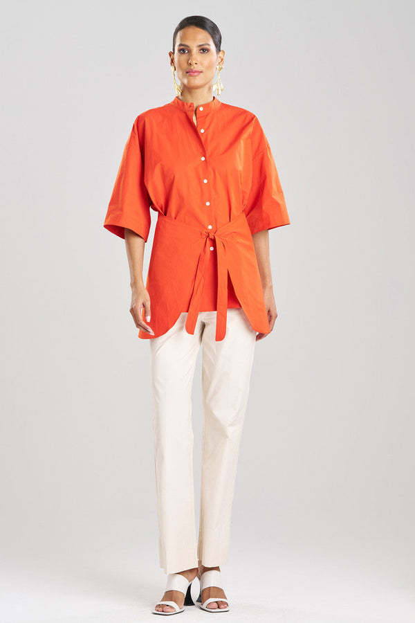 Natori Tech Cotton Taffeta Kimono Wrap Shirt Tangerine Orange