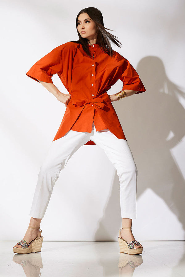 Natori Tech Cotton Taffeta Kimono Wrap Shirt Tangerine Orange