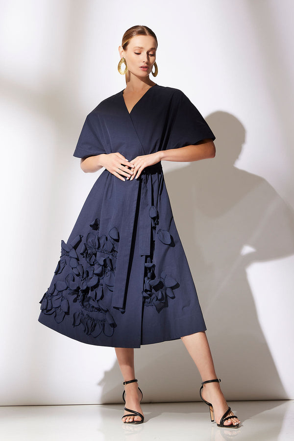 natori Tech Taffeta Embroidered Kimono Dress Midnight Navy