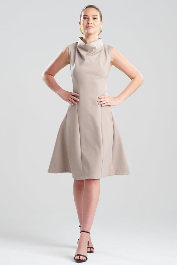 Natori Techno Crepe Fit & Flare Funnel Neck Dress Taupe