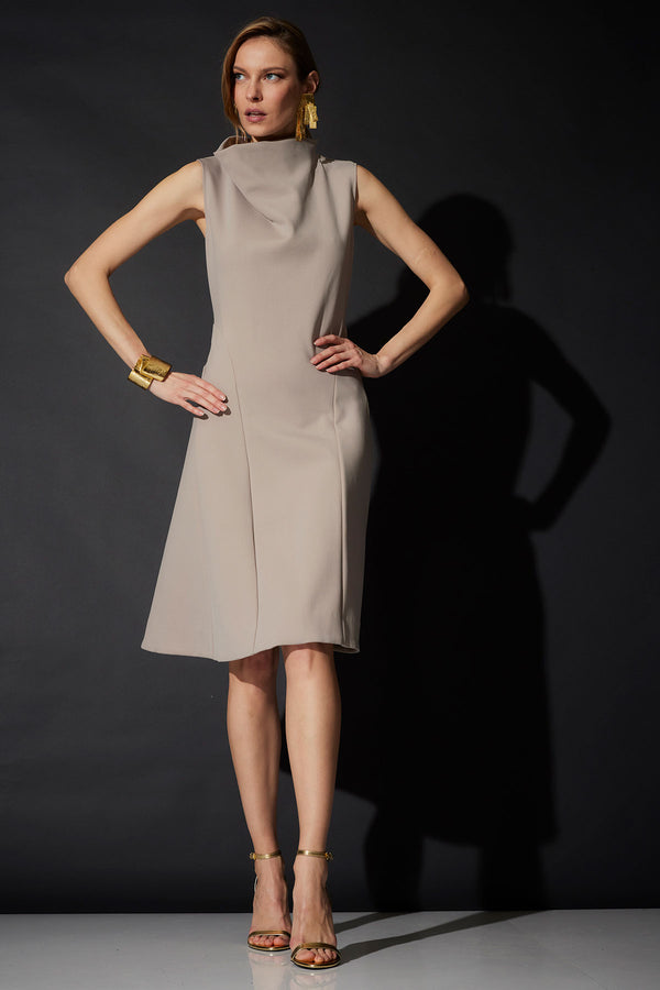 natori Techno Crepe Fit & Flare Funnel Neck Dress Taupe