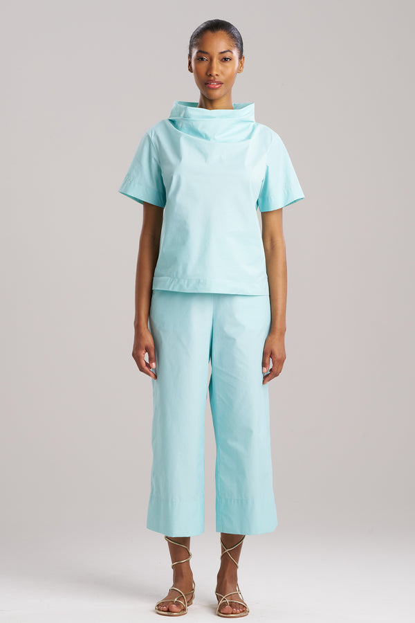 Natori Techno Poplin Short Sleeve Funnel Neck Top Mizu Blue