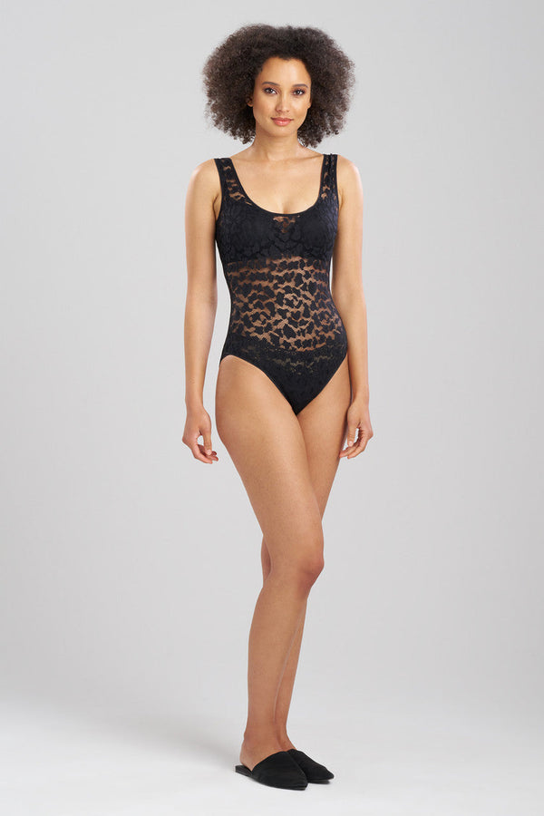 natori Temptation Sheer Allover Lace Bodysuit Black