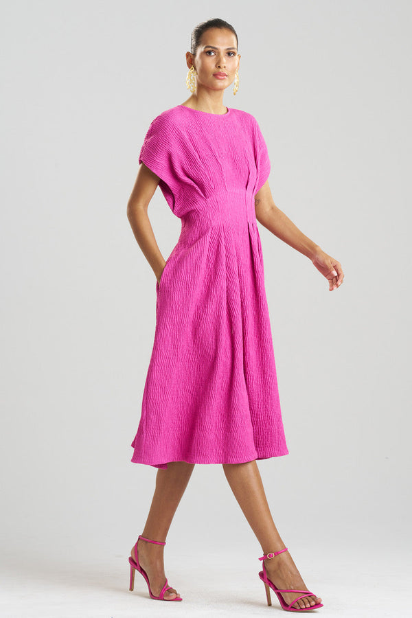 natori Textured Cotton Jacquard Pleated Dress Bright Berry