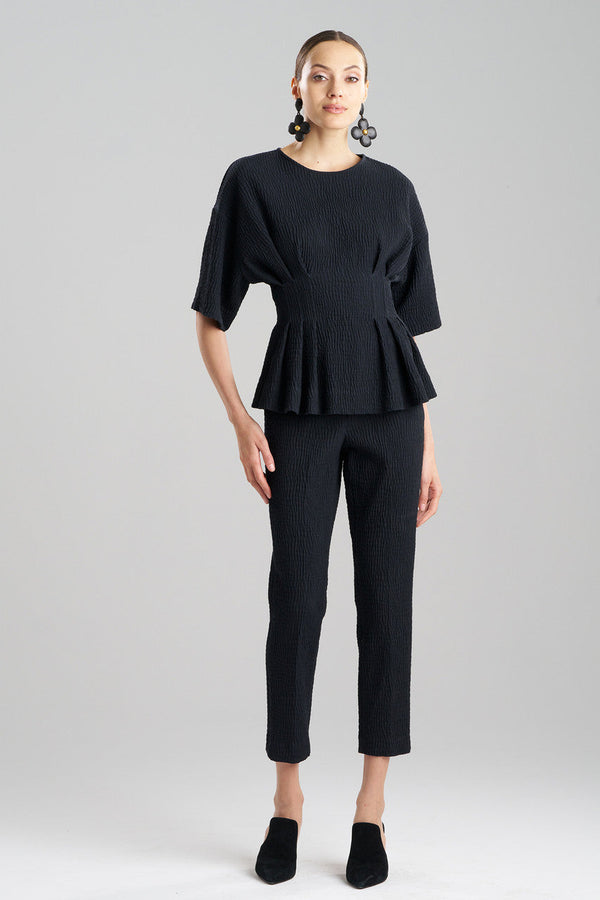 natori Textured Cotton Jacquard Pleated Peplum Top Black