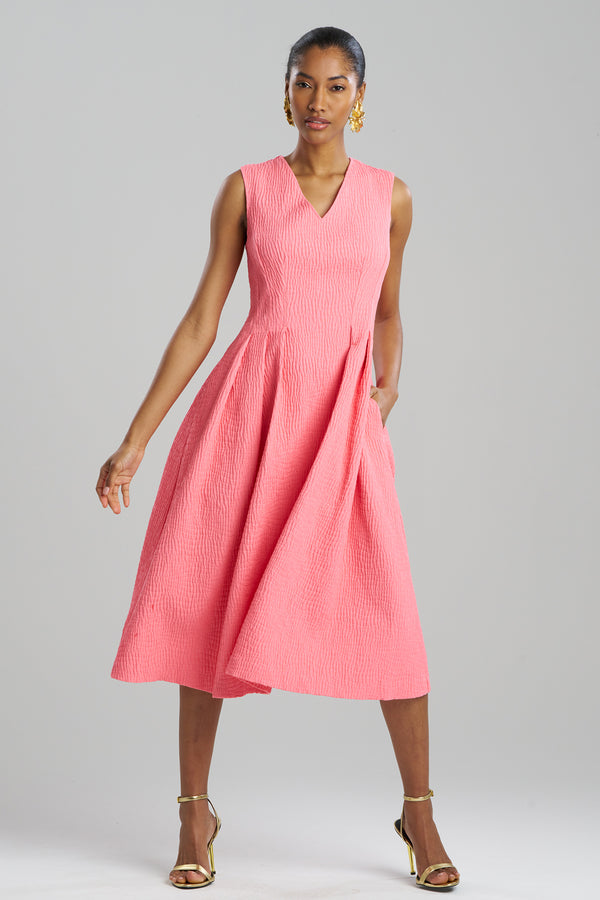 natori Textured Cotton Jacquard Sleeveless Pleated Dress Flamingo Pink