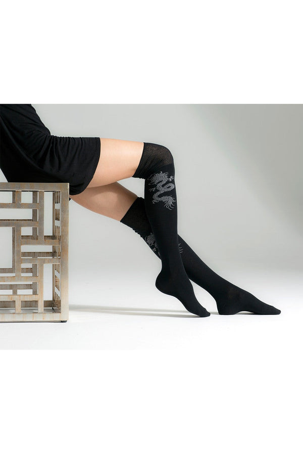 Natori Textured Cuff Dragon Over The Knee Socks Black
