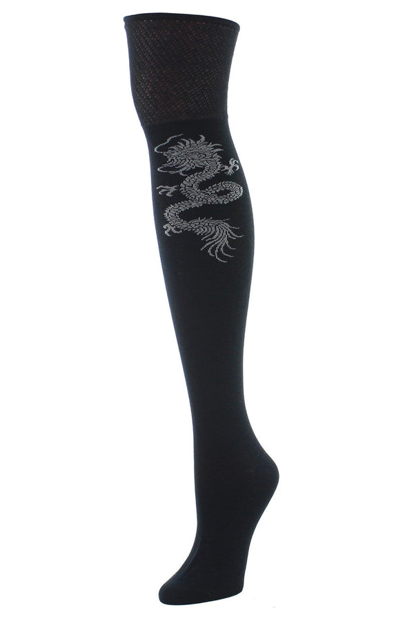 natori Textured Cuff Dragon Over the Knee Socks Black