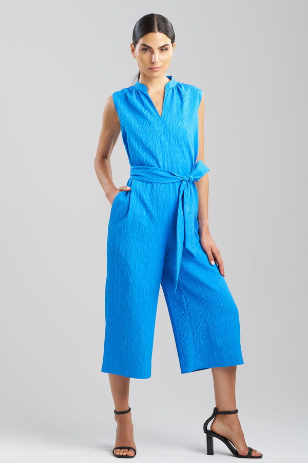 natori Textured Jacquard Mandarin Jumpsuit Malibu Blue