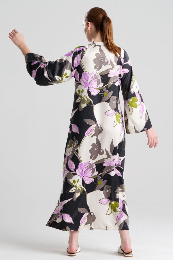 Natori Tsubaki Satin Mandarin Zip Caftan Black Multi