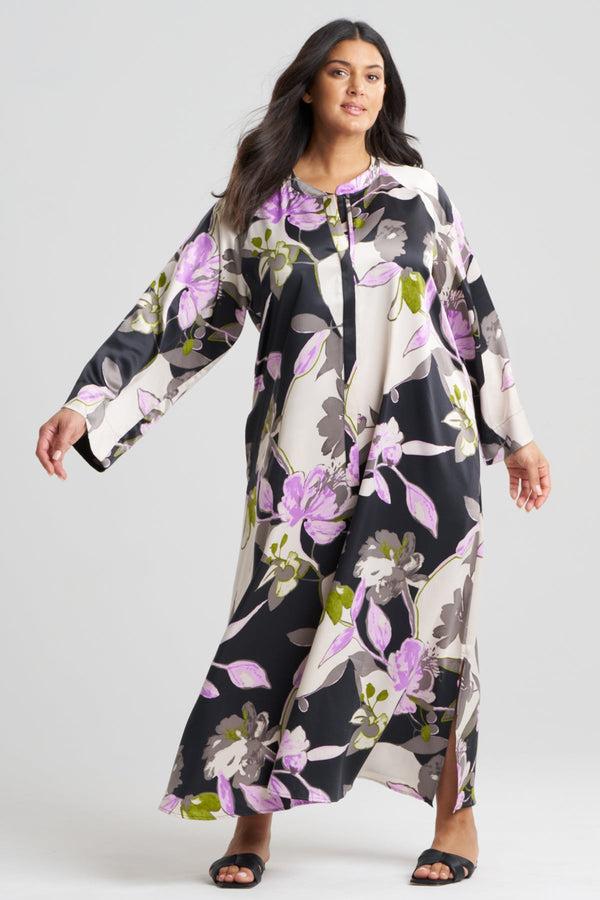 Natori Tsubaki Satin Mandarin Zip Caftan Black Multi