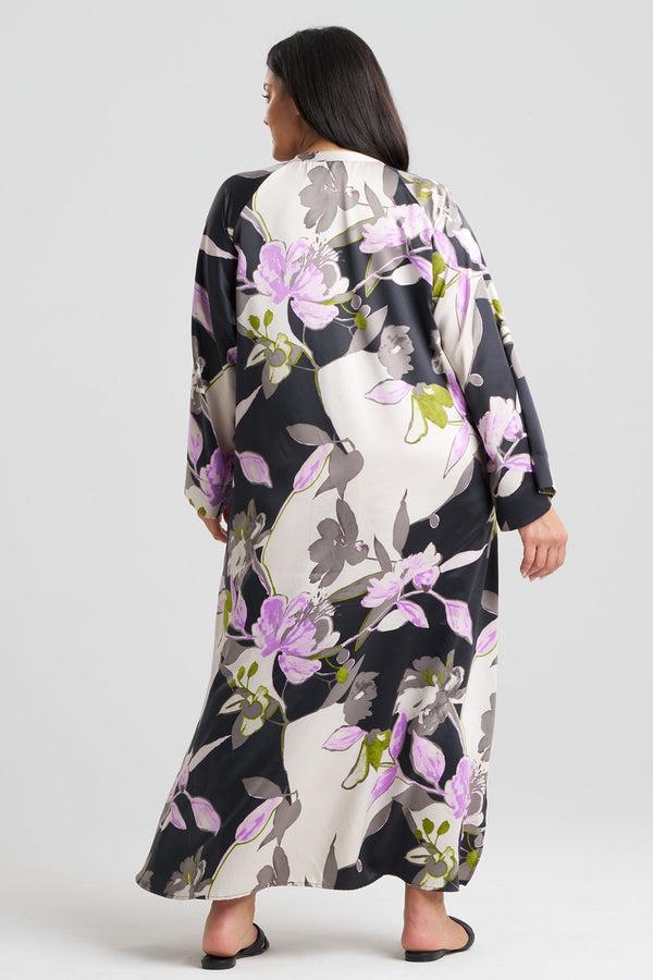 Natori Tsubaki Satin Mandarin Zip Caftan Black Multi