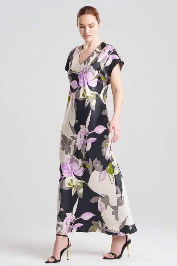 natori Tsubaki Satin Short Sleeve Caftan Black Multi