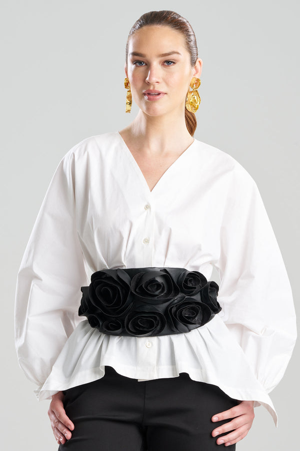 Natori Vegan Luxe Lambskin 3D Floral Embroidered Obi Belt Black