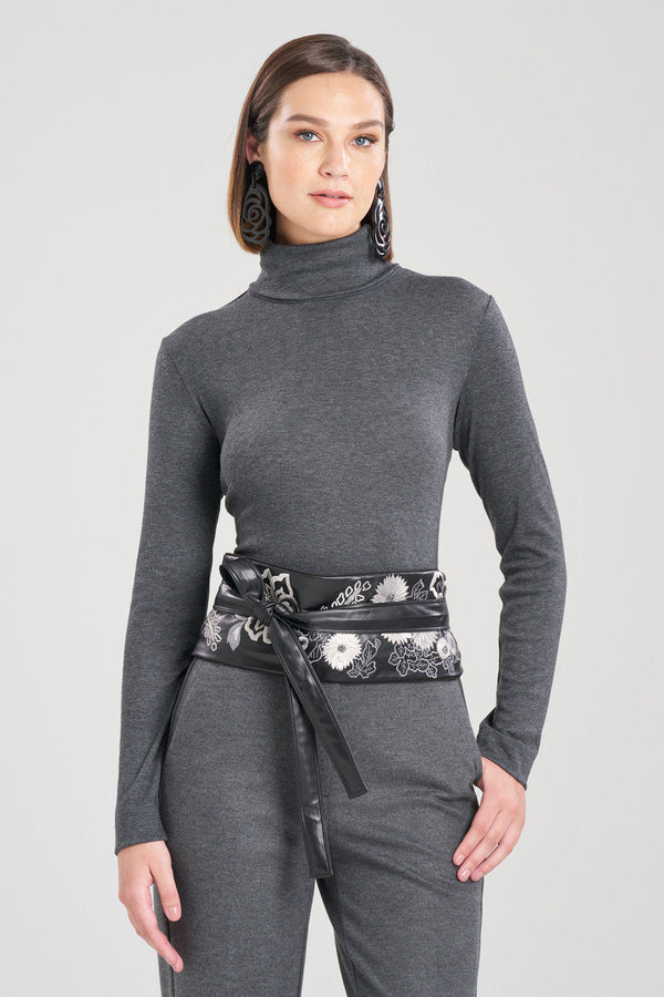 Natori Vegan Luxe Lambskin Embroidered Obi Belt Black