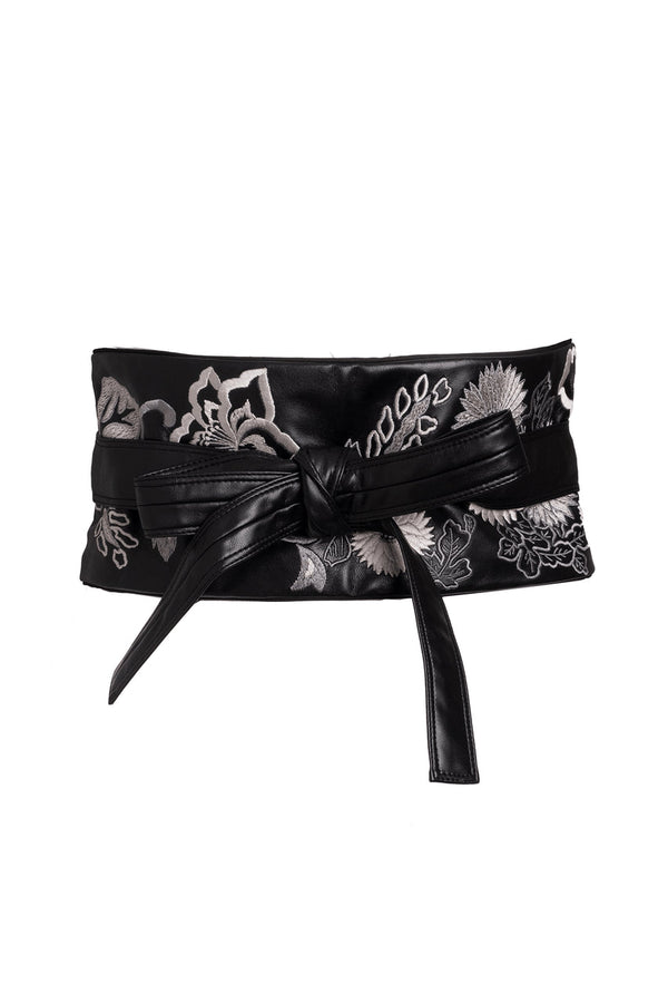 natori Vegan Luxe Lambskin Embroidered Obi Belt Black