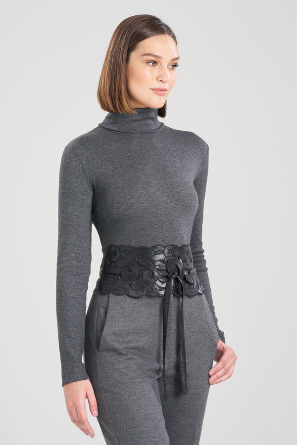 Natori Vegan Luxe Lambskin Embroidered Scroll Obi Belt Black