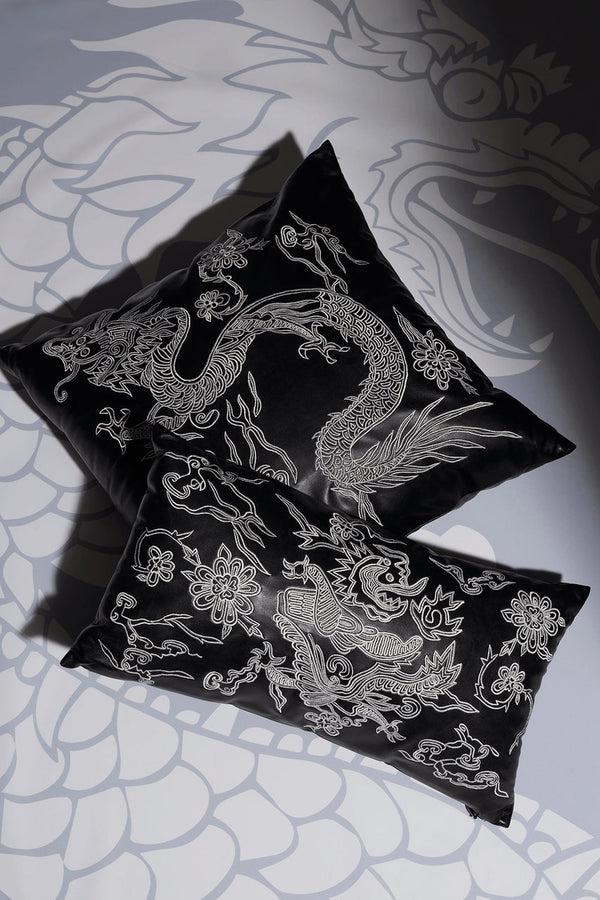 Natori Vegan Luxe Leather Mandarin Embroidered Dragon Oblong Pillow Black