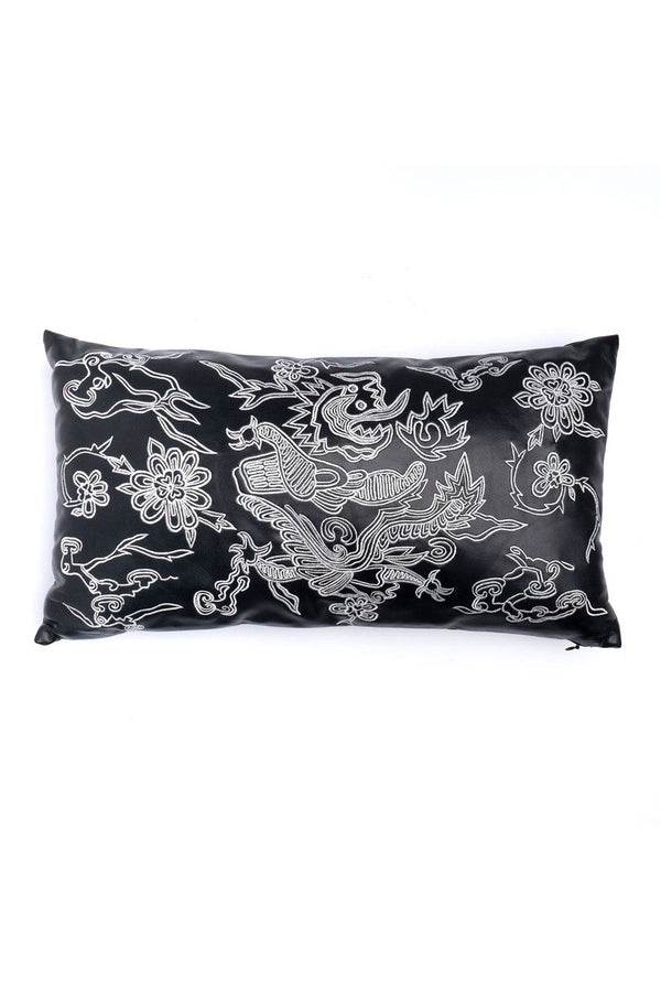 natori Vegan Luxe Leather Mandarin Embroidered Dragon Oblong Pillow Black