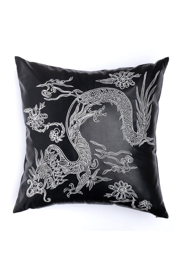 natori Vegan Luxe Leather Mandarin Embroidered Dragon Pillow Black