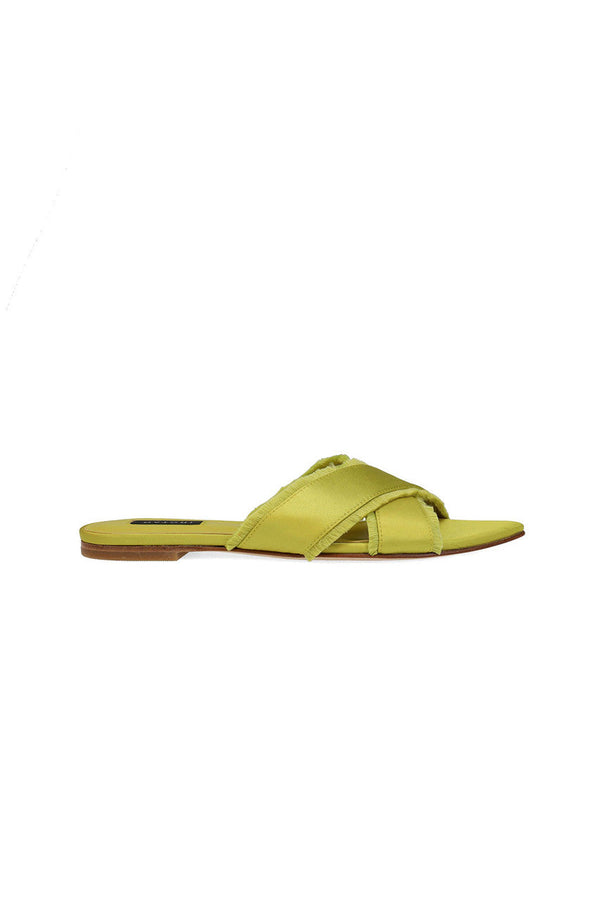 Natori Wayu Satin Fringe Cross Slide Sandals Chartreuse
