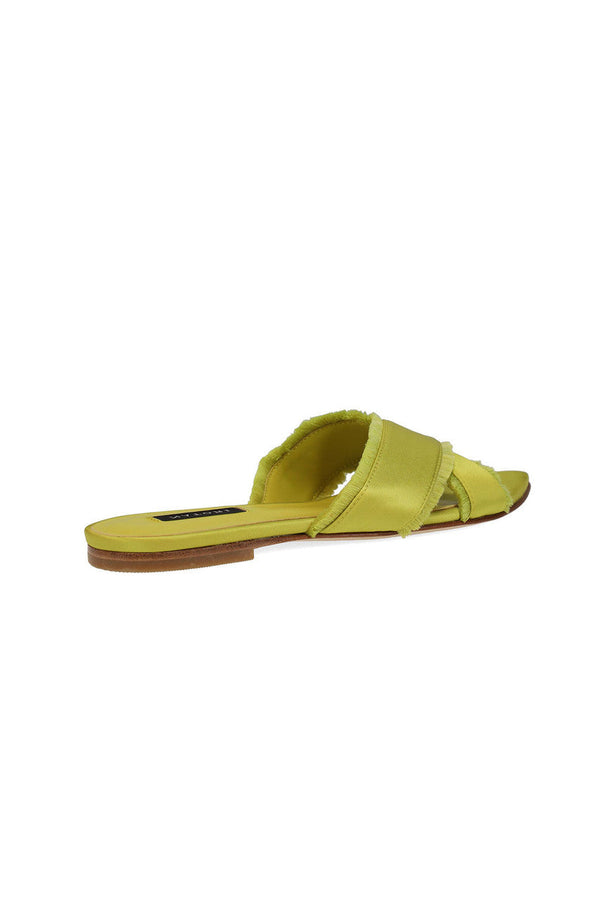 Natori Wayu Satin Fringe Cross Slide Sandals Chartreuse