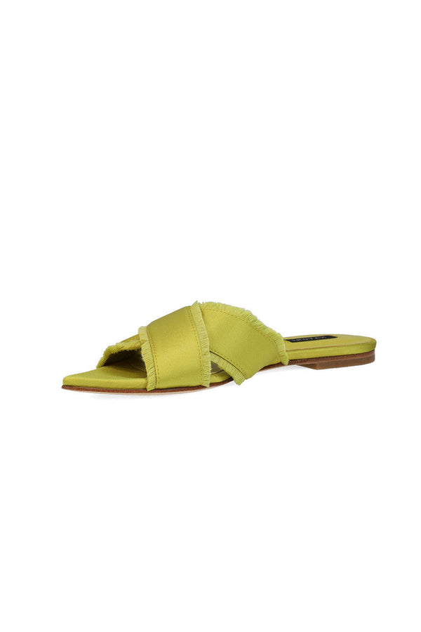 Natori Wayu Satin Fringe Cross Slide Sandals Chartreuse