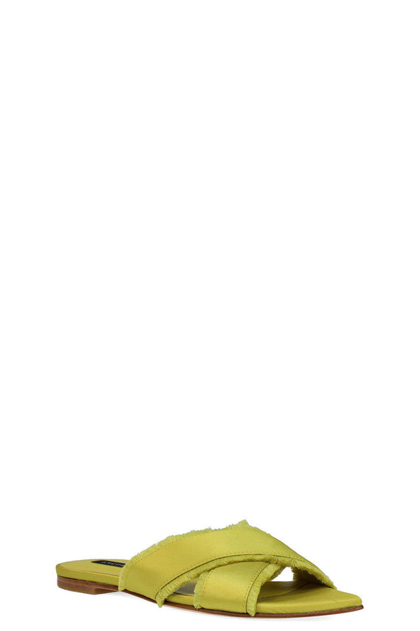 natori Wayu Satin Fringe Cross Slide Sandals Chartreuse