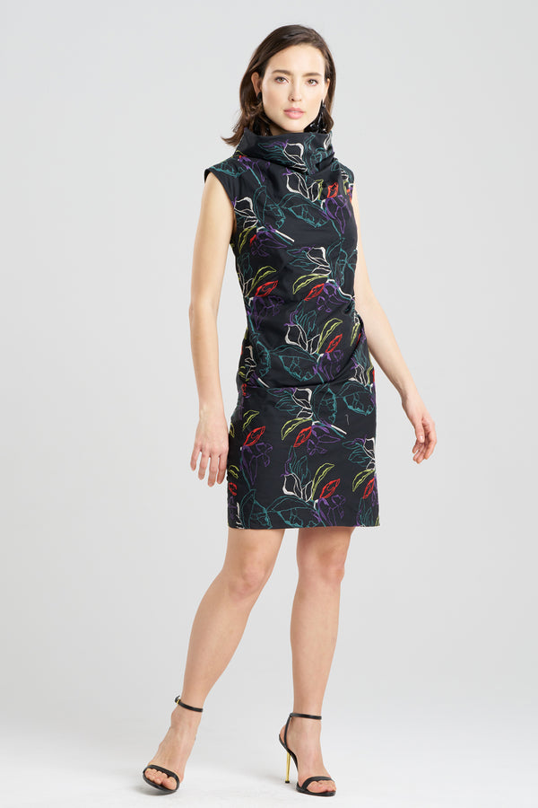 Natori Yoru Embroidered Cotton Poplin Asymmetric Funnel Neck Dress Black Deep Orchid