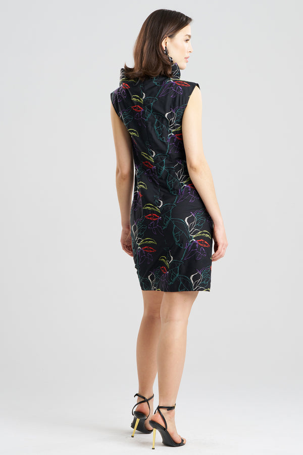 Natori Yoru Embroidered Cotton Poplin Asymmetric Funnel Neck Dress Black Deep Orchid