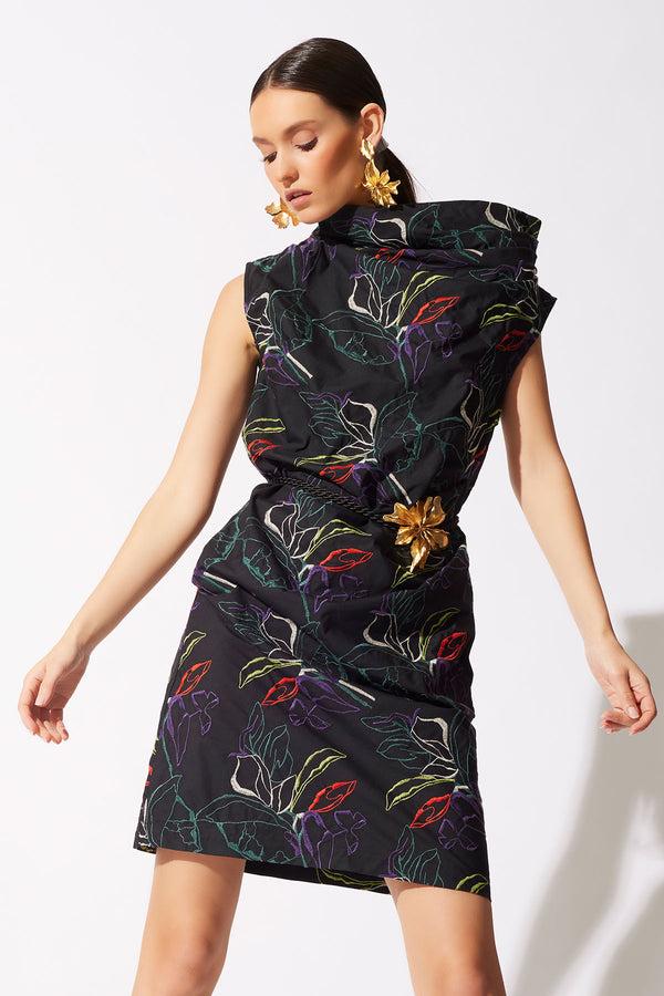 natori Yoru Embroidered Cotton Poplin Asymmetric Funnel Neck Dress Black Deep Orchid