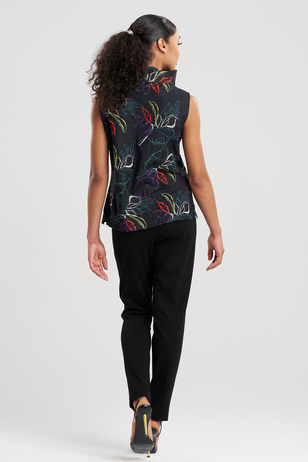 Natori Yoru Embroidered Cotton Poplin Funnel Neck Top Black Deep Orchid