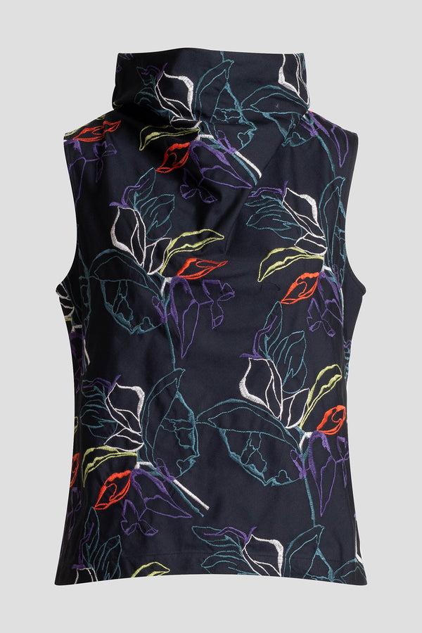 Natori Yoru Embroidered Cotton Poplin Funnel Neck Top Black Deep Orchid