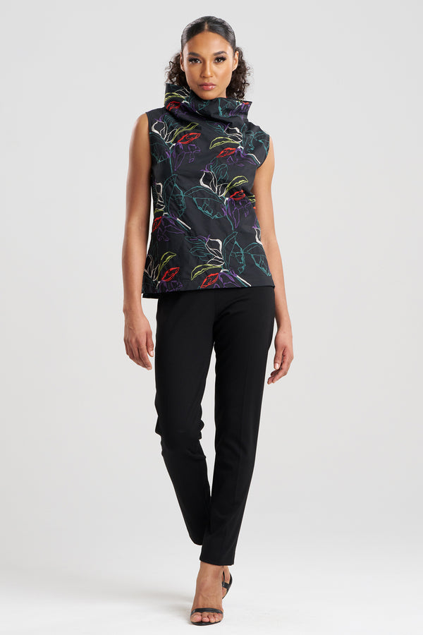 natori Yoru Embroidered Cotton Poplin Funnel Neck Top Black Deep Orchid