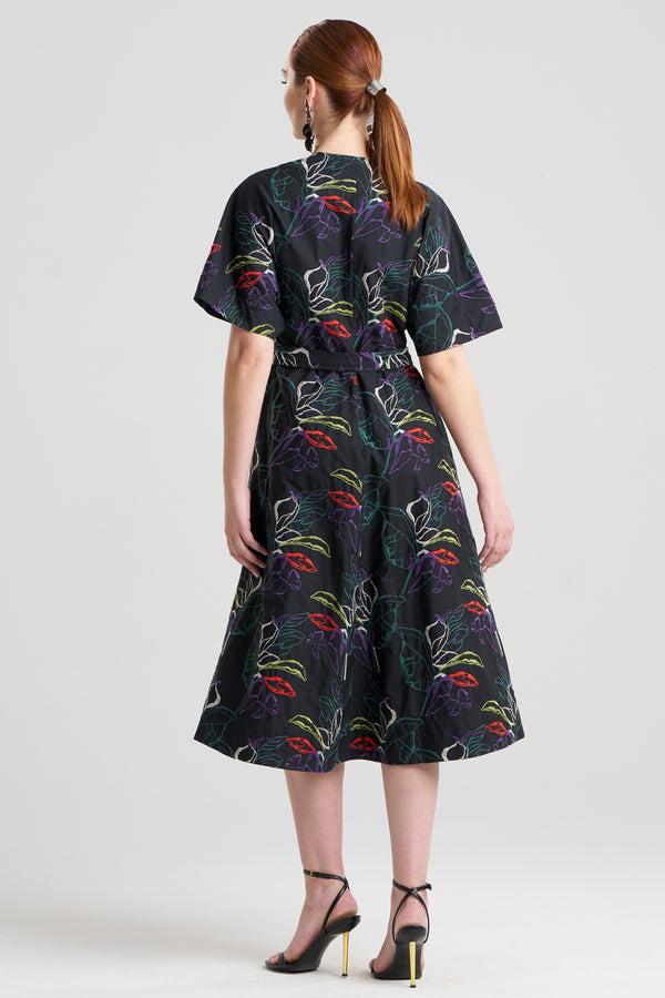 Natori Yoru Embroidered Cotton Poplin Kimono Wrap Dress Black Deep Orchid