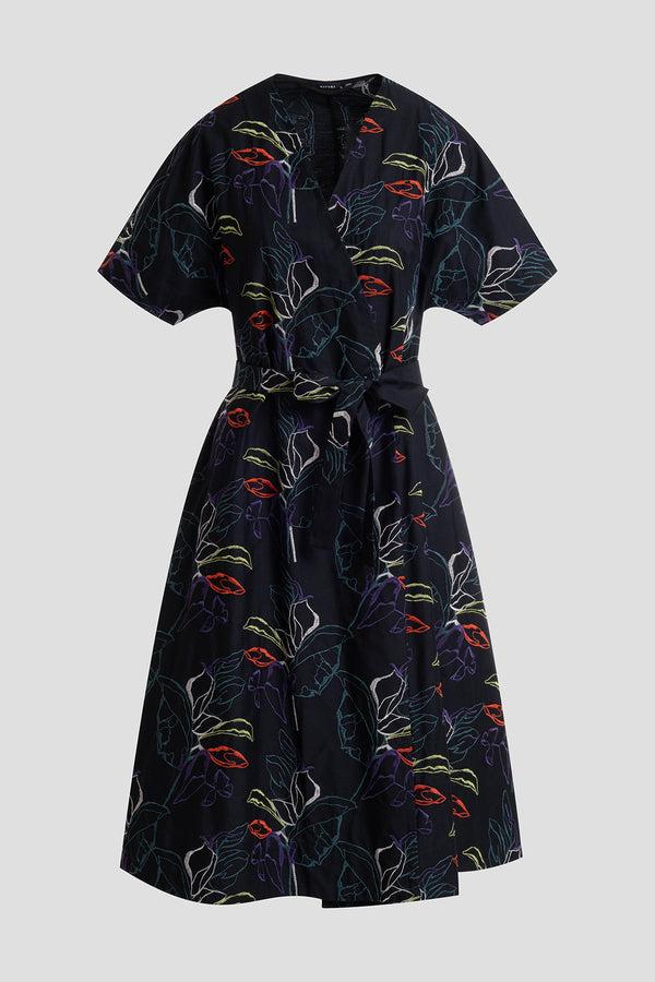 Natori Yoru Embroidered Cotton Poplin Kimono Wrap Dress Black Deep Orchid