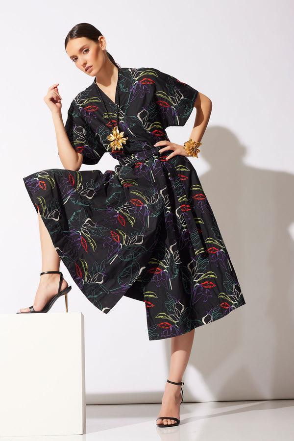 natori Yoru Embroidered Cotton Poplin Kimono Wrap Dress Black Deep Orchid