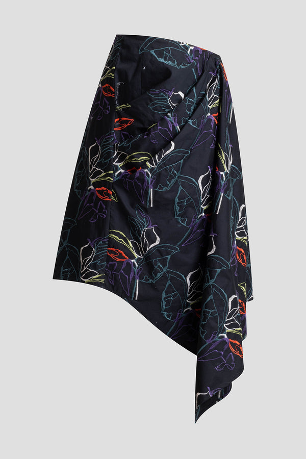 Natori Yoru Embroidered Cotton Poplin Origami Asymmetric Skirt Black Deep Orchid