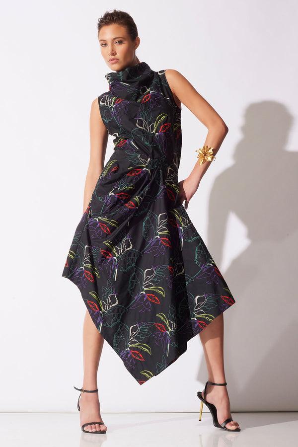 natori Yoru Embroidered Cotton Poplin Origami Asymmetric Skirt Black Deep Orchid