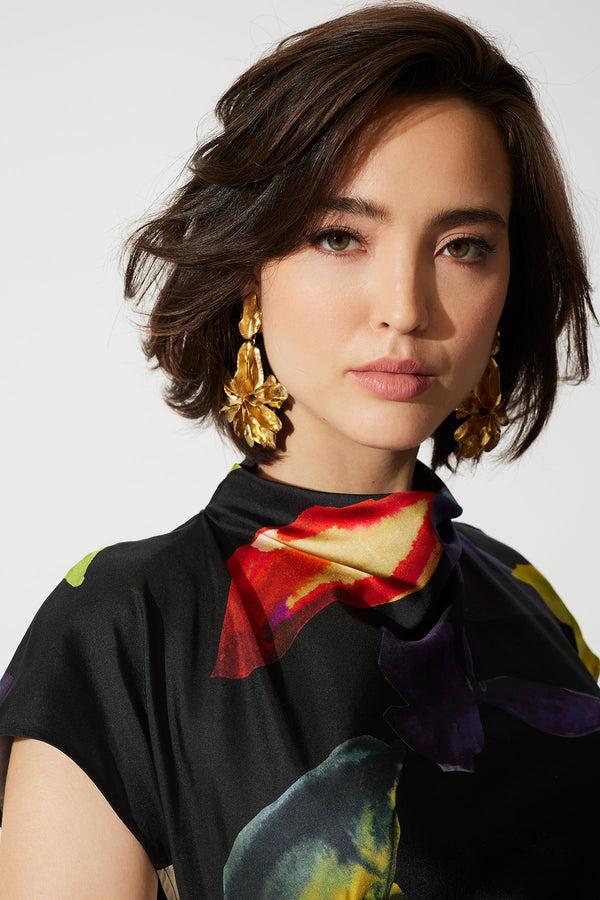 Natori Yoru Silk Twill Asymmetric Dress Black Deep Orchid