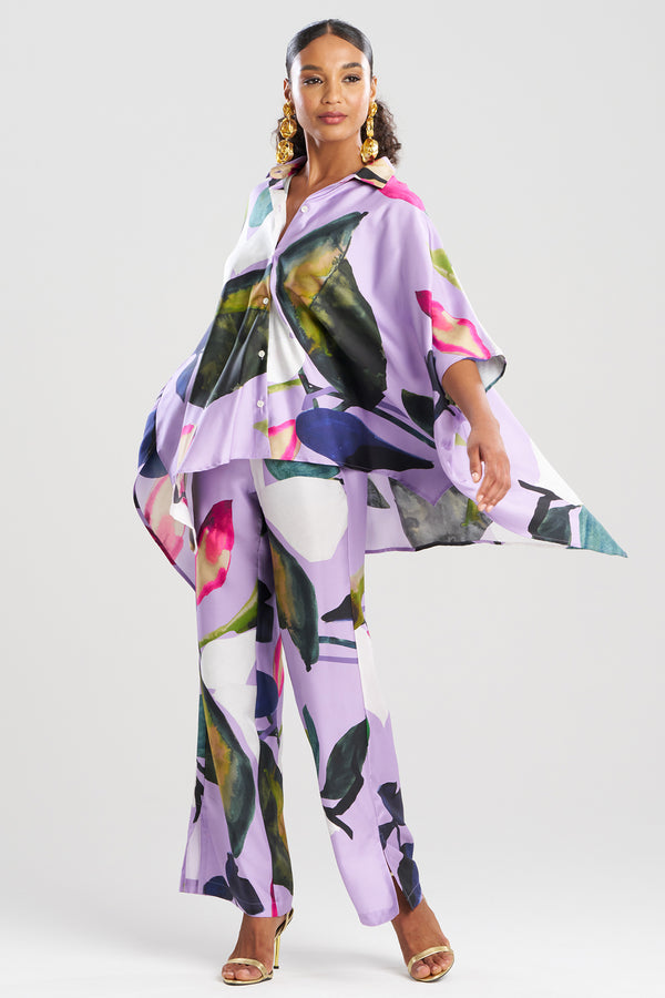 Natori Yoru Silk Twill Button Down Caftan Shirt Deep Orchid