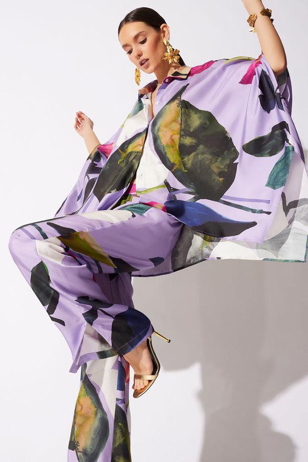 natori Yoru Silk Twill Button Down Caftan Shirt Deep Orchid