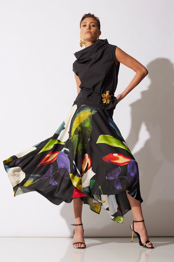 natori Yoru Silk Twill Origami Maxi Skirt Black Deep Orchid