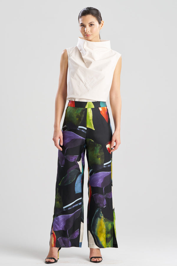 natori Yoru Silk Twill Wide Pull On Pants Black Deep Orchid