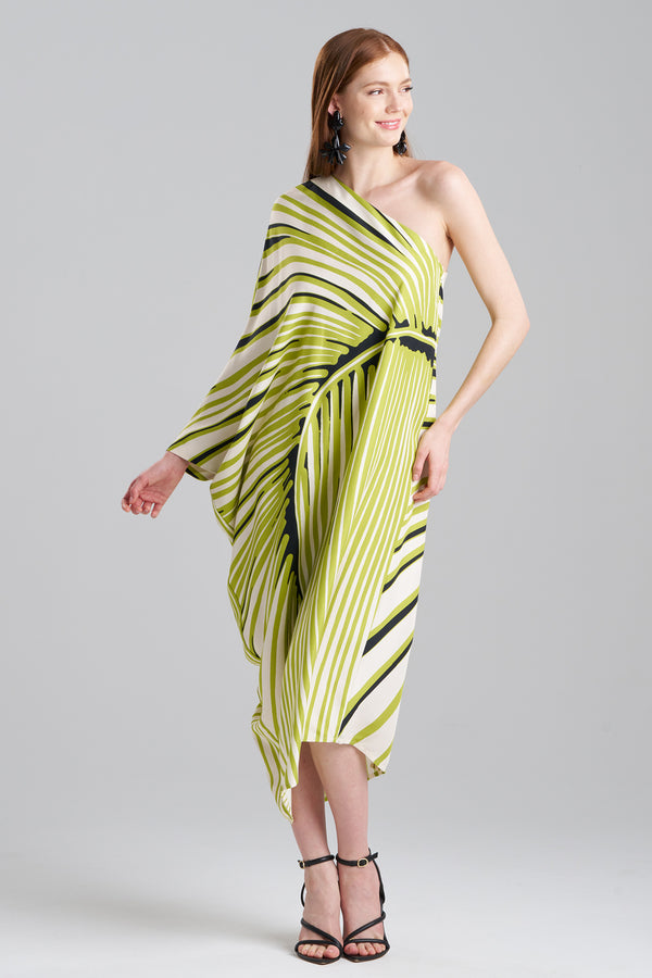 Natori Yoshinoki Cotton Silk One Shoulder Caftan Dress Pear