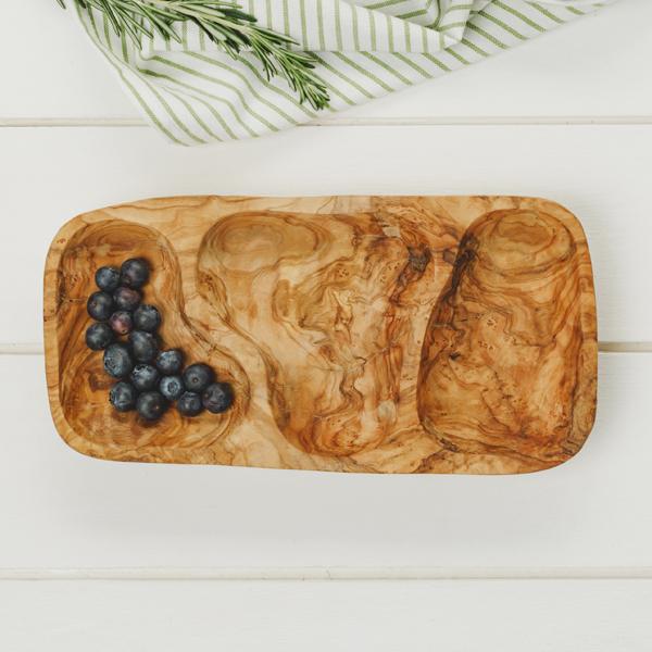 Naturally Med Olive Wood 3 Compartment Appetizer Serving Dish