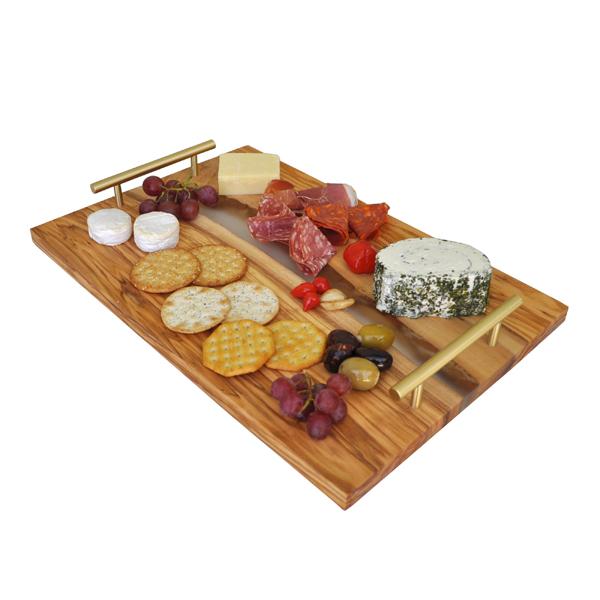 Naturally Med Olive Wood And Clear Resin Serving Tray – Gold Handles – 16.5″ X 11″