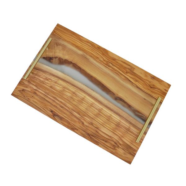 Naturally Med Olive Wood And Clear Resin Serving Tray – Gold Handles – 16.5″ X 11″